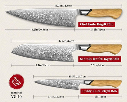 Engraved Damascus Chef Knife Set Kitchen Olive Wood Handle