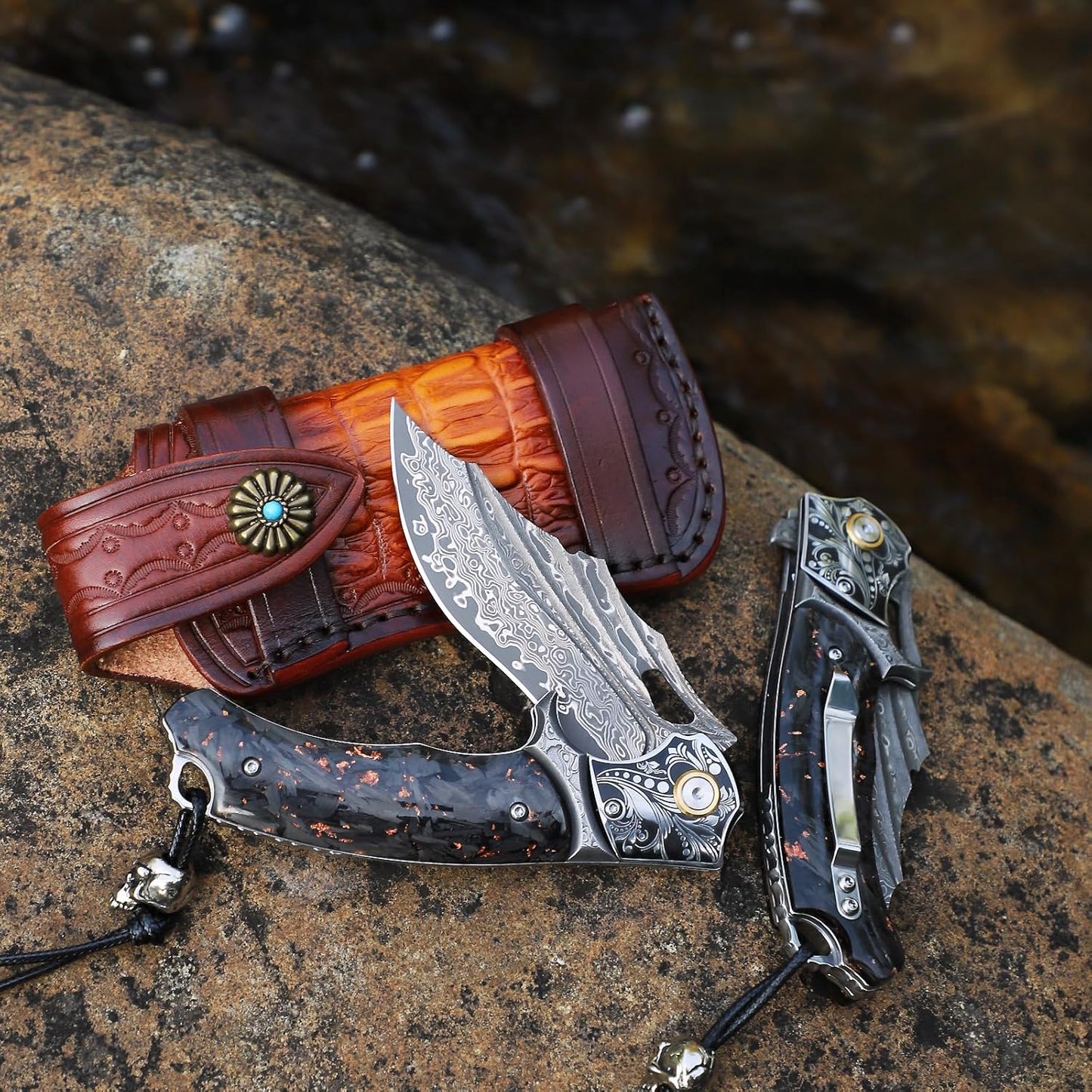 Gold Flake Damascus Pocket Knife Wave Pattern Engraved