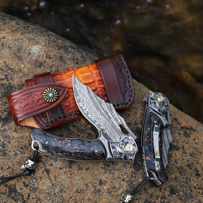 Gold Flake Damascus Pocket Knife Wave Pattern Engraved