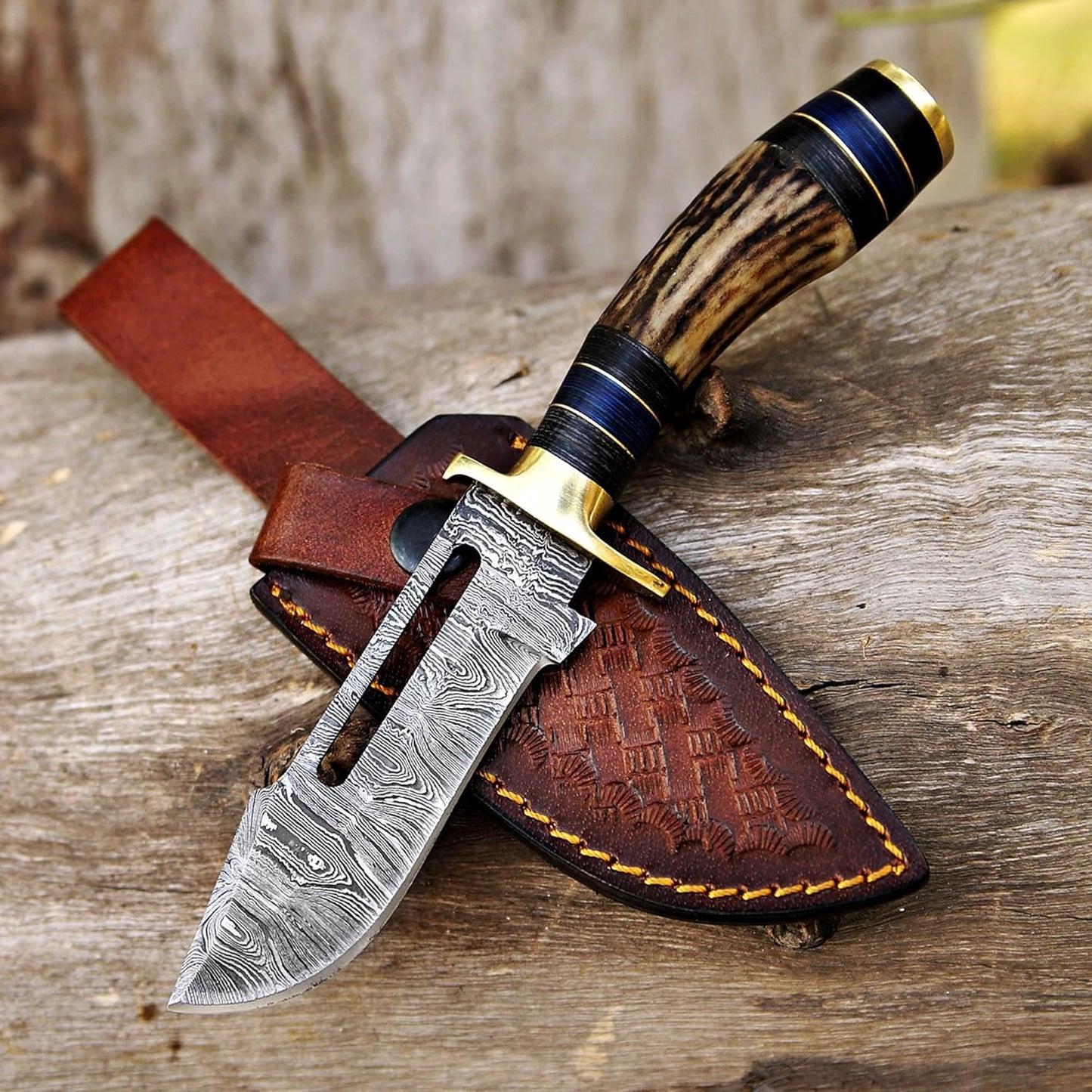 Small 4"Damascus Hunting Knife Antler Horn Handle