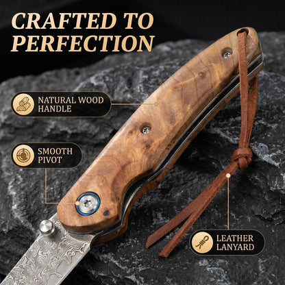 Personalized Damascus Pocket Knife – Burl Wood Handle
