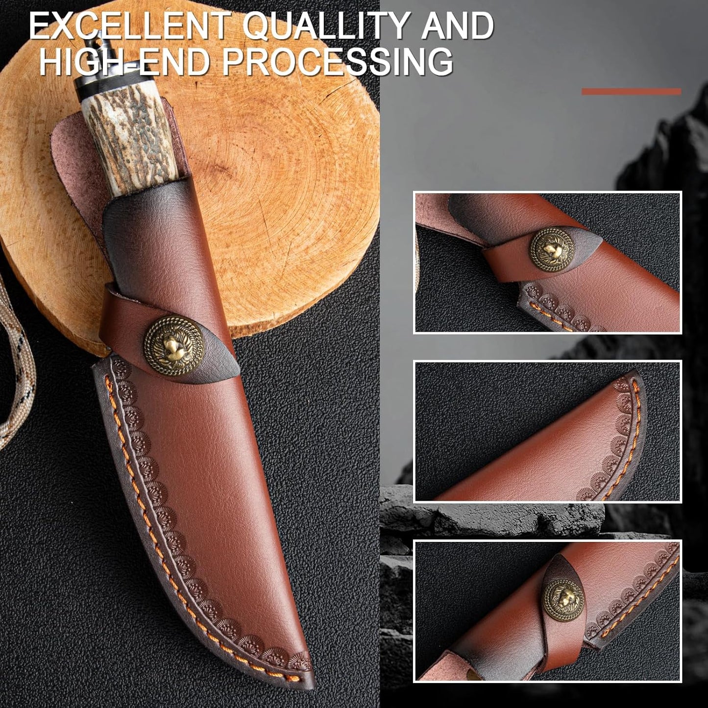 Deer Antler with Turquoise Handle 8" Damascus Hunting Knife