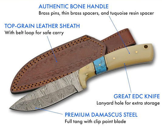Bone With Turquoise Handle 8" Damascus Hunting Knife