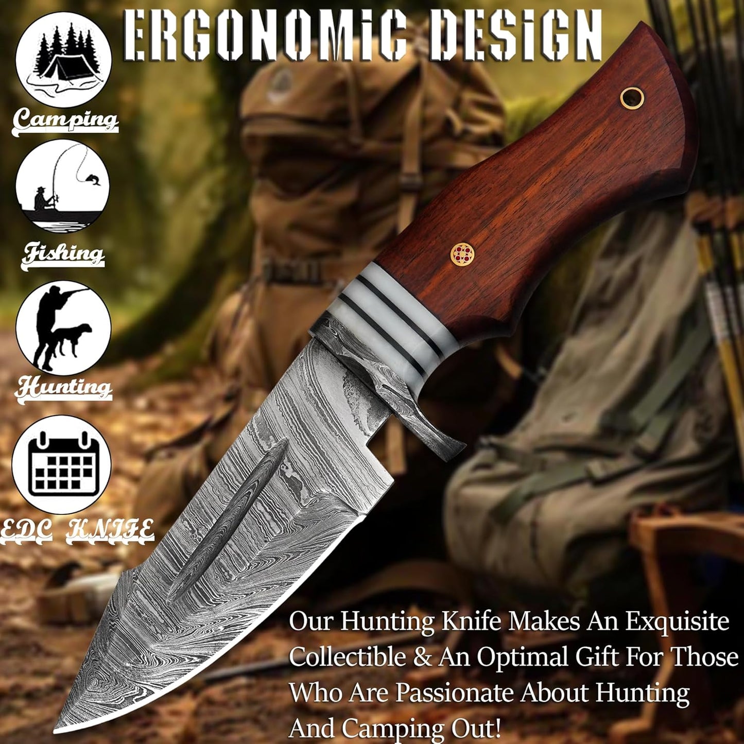 Damascus 10" Hunting Knife Rose Wood Handle