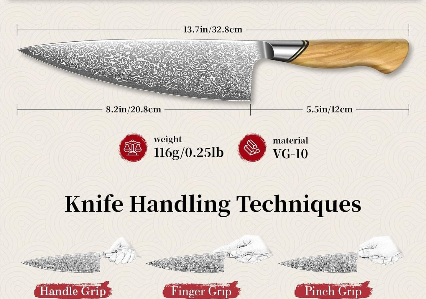 Engraved 8" Damascus Chef Knife Kitchen Olive Wood Handle