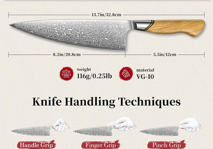 Engraved 8" Damascus Chef Knife Kitchen Olive Wood Handle