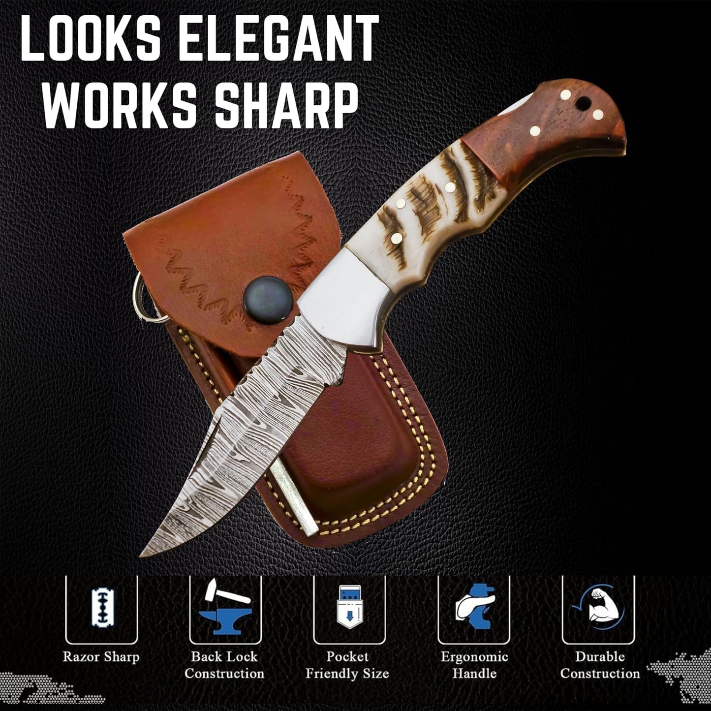 Ram Horn & Rosewood Handle 6.5" Damascus Pocket Knife