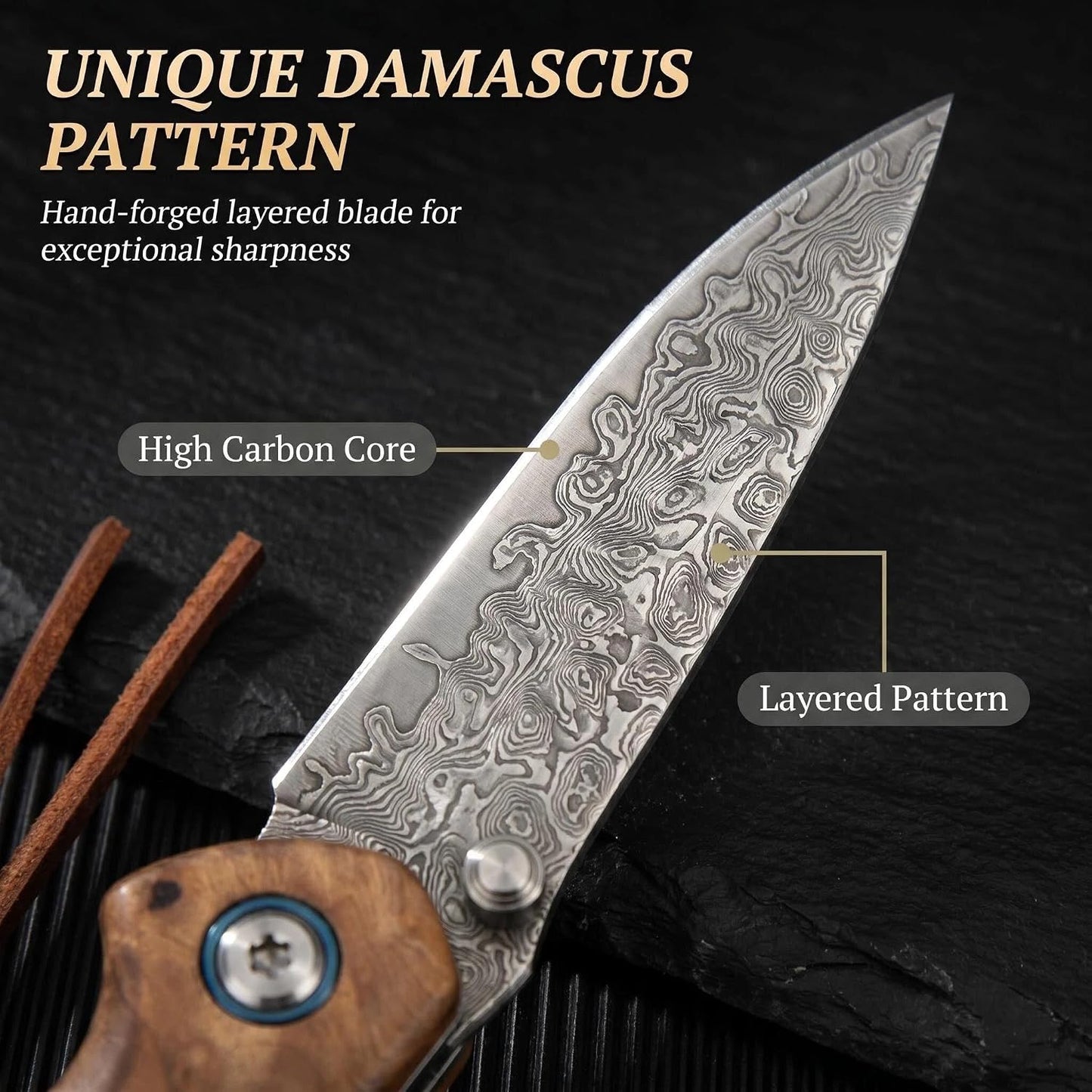 Personalized Damascus Pocket Knife – Burl Wood Handle