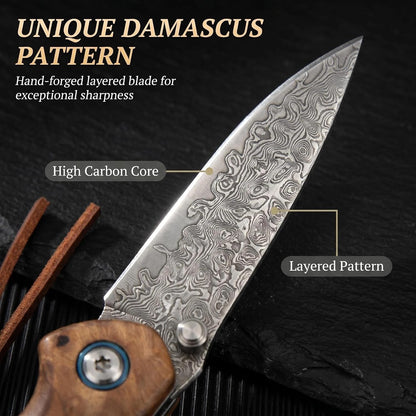 Personalized Damascus Pocket Knife – Burl Wood Handle