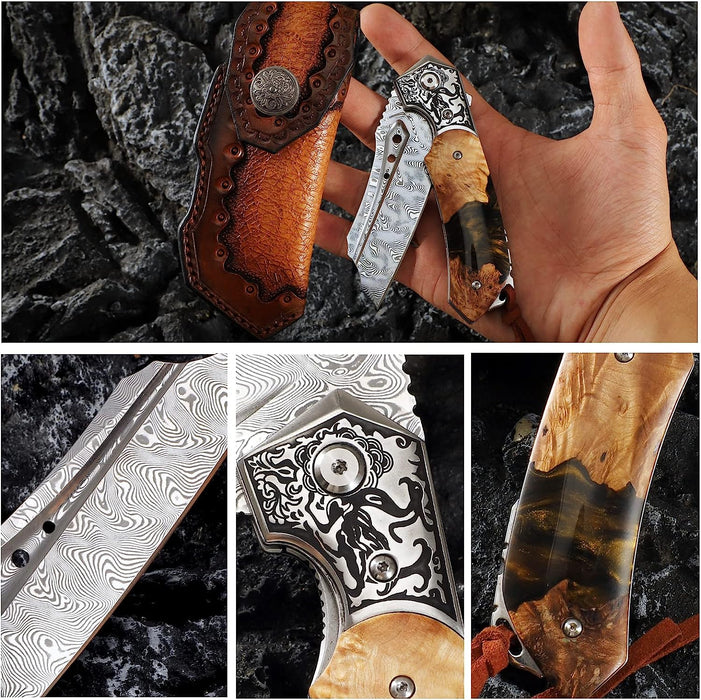 VG10 Damascus Folding Pocket Knife Resin & Wood Handle NR03 - North Rustic
