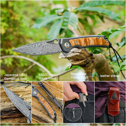Maple Wood Inlay 3.46" Damascus Pocket Knife