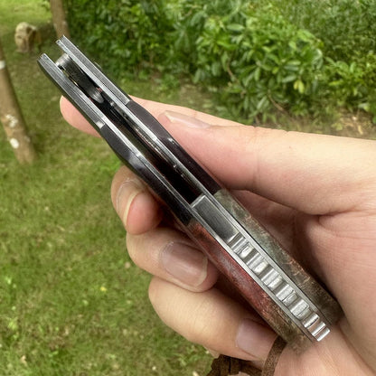 Walnut Wood & Resin Handle Engraved Damascus Pocket Knife