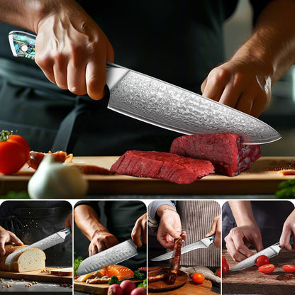 Engraved Damascus Knife Set Chef Kitchen Culinary Personalized Abalone Handle Knives