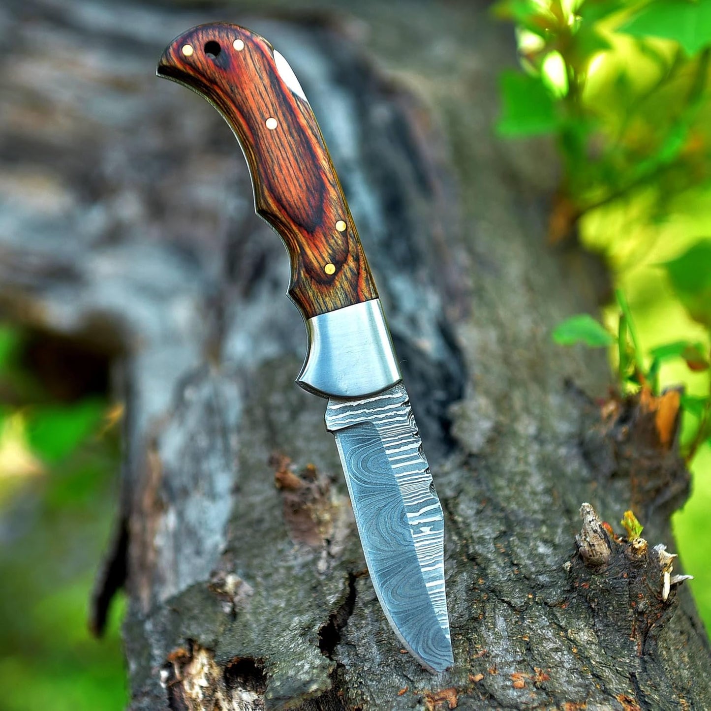 Walnut Wood Handle 6.5" Damascus Folding Knife