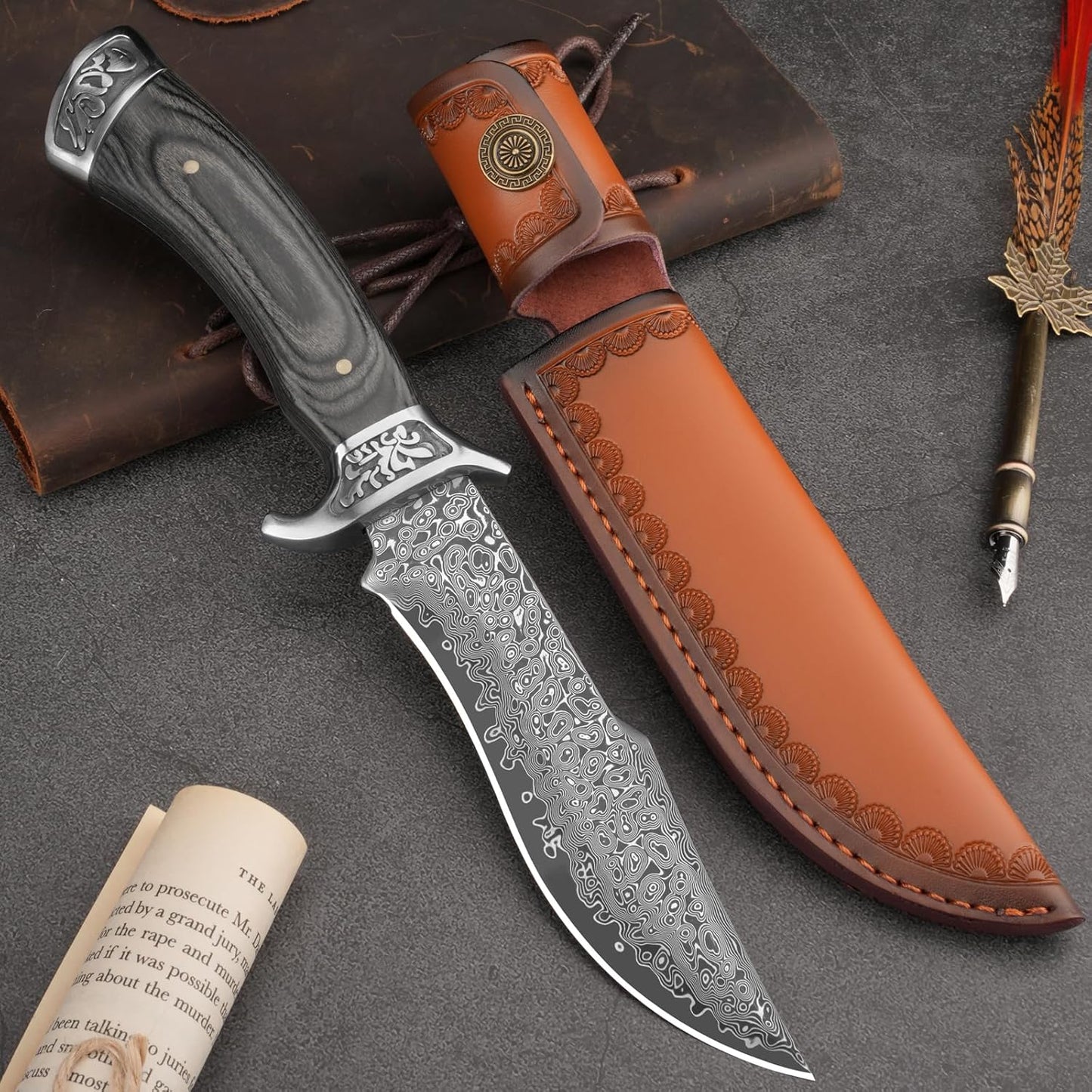 Damascus 10.75" Hunting Knife Dark Walnut Wood Handle