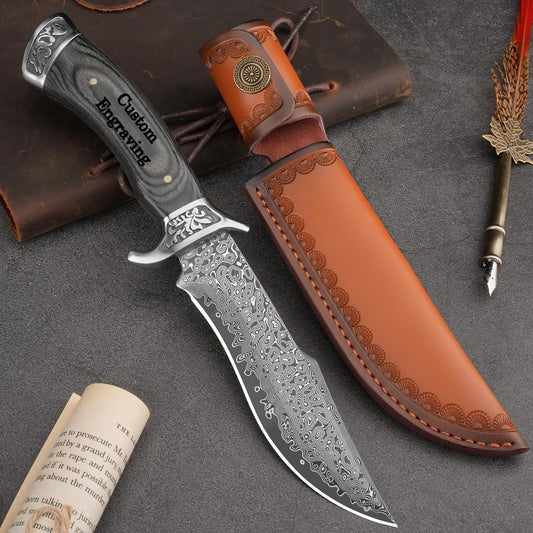 Damascus 10.75" Hunting Knife Dark Walnut Wood Handle