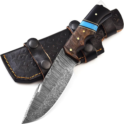Ram Horn & Bull Horn Handle Damascus 9.5" Hunting Knife Blue Turquoise