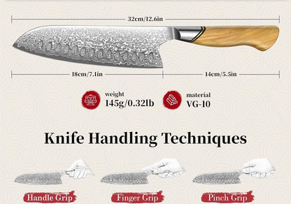 Engraved 7" Damascus Chef Santoku Knife Kitchen Olive Wood Handle