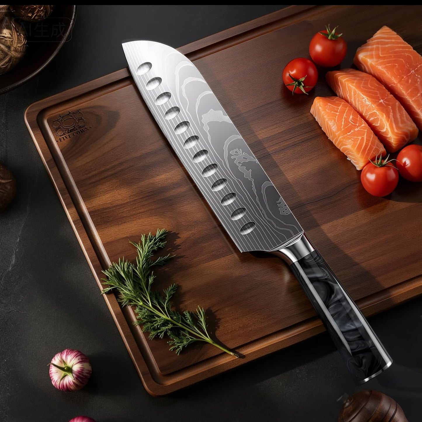 7 Inch Santoku Chef Knife with Black Resin Handle