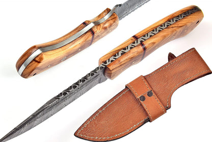 Olive Wood Handle 9.75" Damascus Hunting Knife