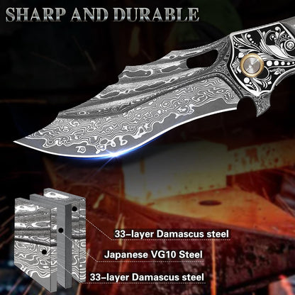 Gold Flake Damascus Pocket Knife Wave Pattern Engraved