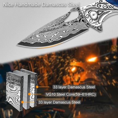 Damascus 6.5" Folding Knife Resin & Maple Wood Handle