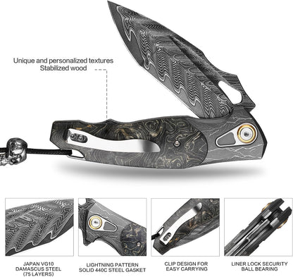 VG10 Damascus Pocket Knife Storm Motif Stabilized Wood Handle