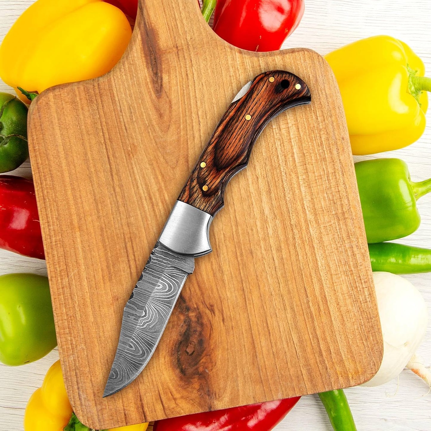 Walnut Wood Handle 6.5" Damascus Folding Knife