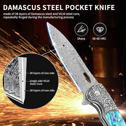 Abalone 3.54" Damascus Blade Folding Knife