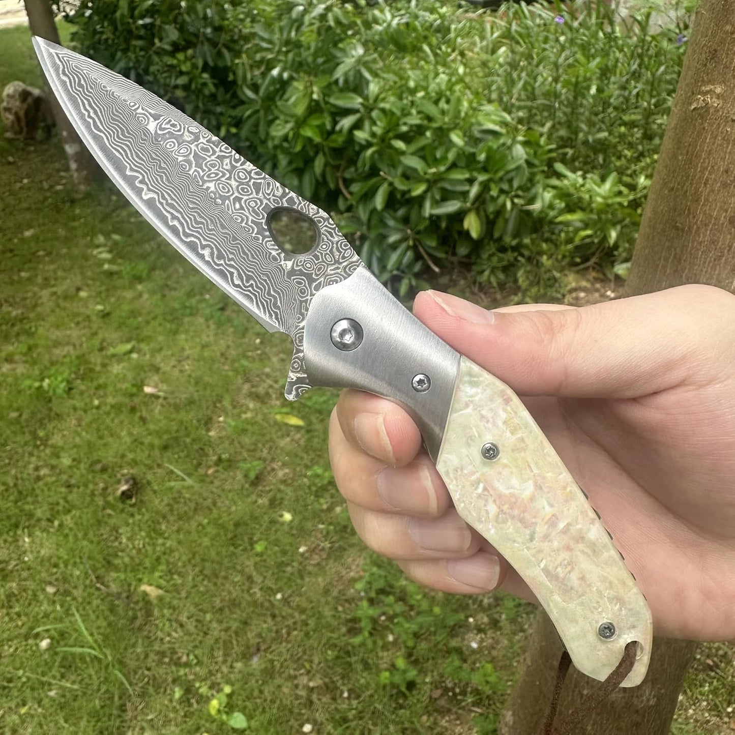 Tan Abalone Handle Engraved Damascus Pocket Knife