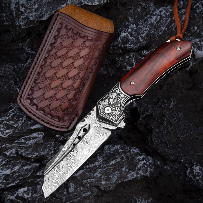 VG10 Damascus Folding Pocket Knife Rose Wood Handle NR09 - North Rustic