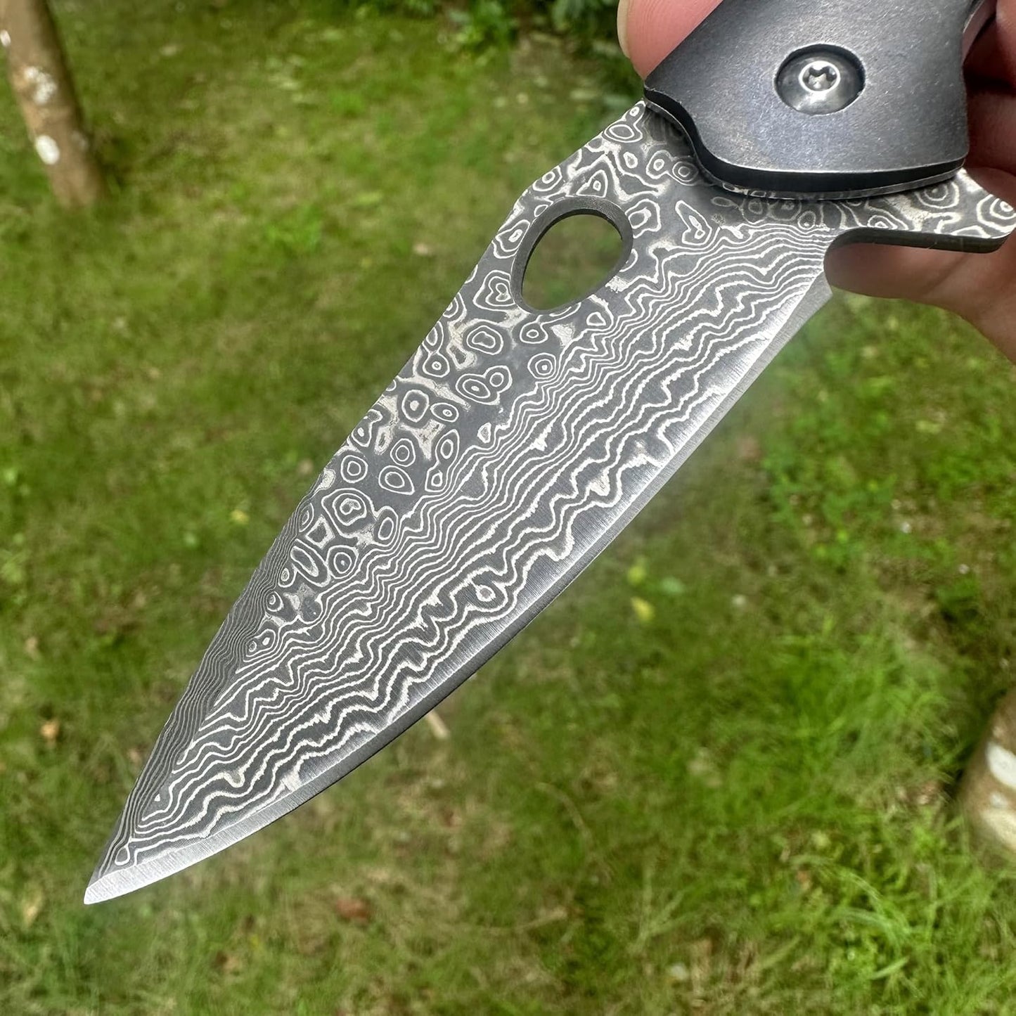 Walnut Wood & Resin Handle Engraved Damascus Pocket Knife