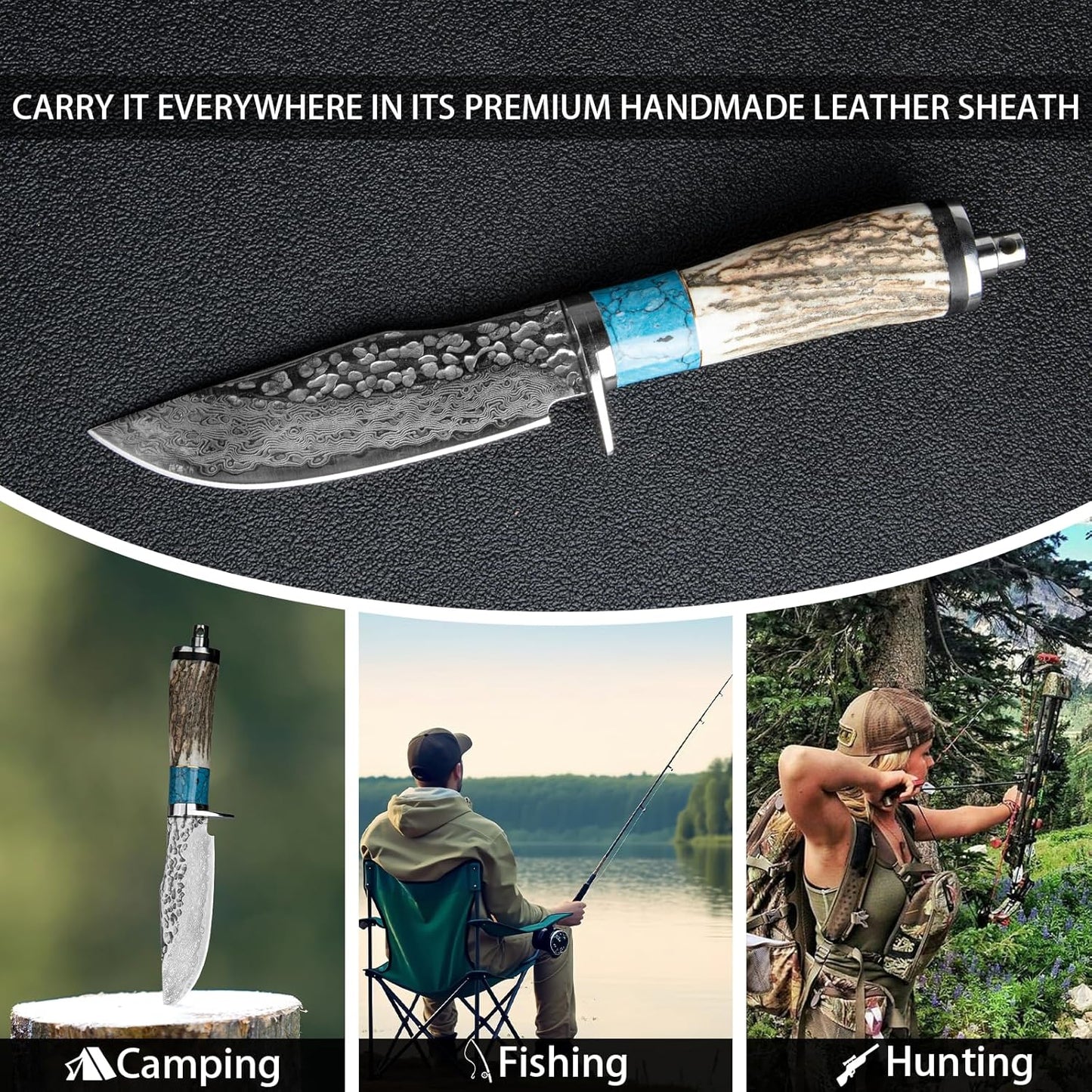 Deer Antler with Turquoise Handle 8" Damascus Hunting Knife