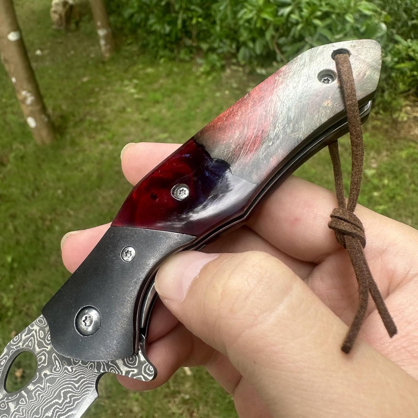 Walnut Wood & Resin Handle Engraved Damascus Pocket Knife