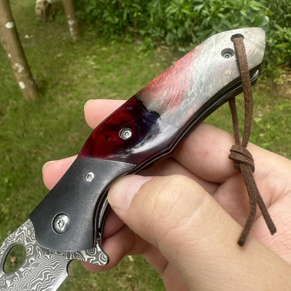 Walnut Wood & Resin Handle Engraved Damascus Pocket Knife