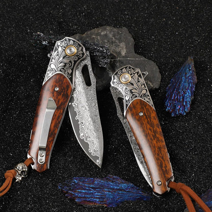Engraved Damascus Pocket Knife Snake Wood Handle