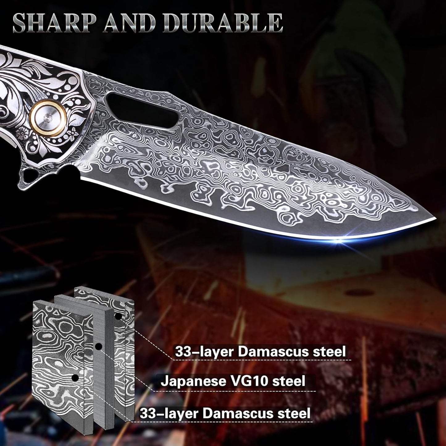 Engraved Damascus Pocket Knife Snake Wood Handle