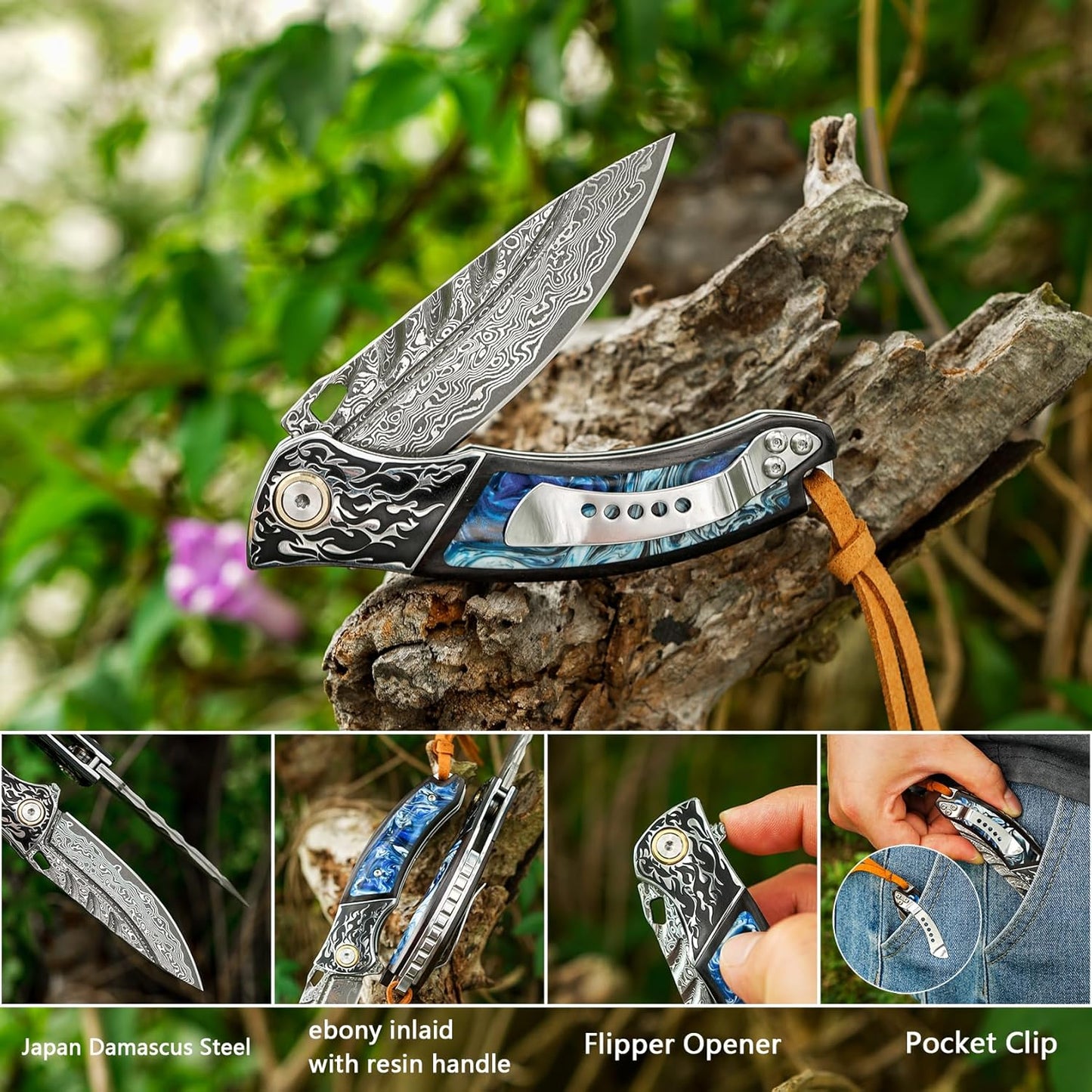Resin Blue Inlay Damascus Pocket Knife
