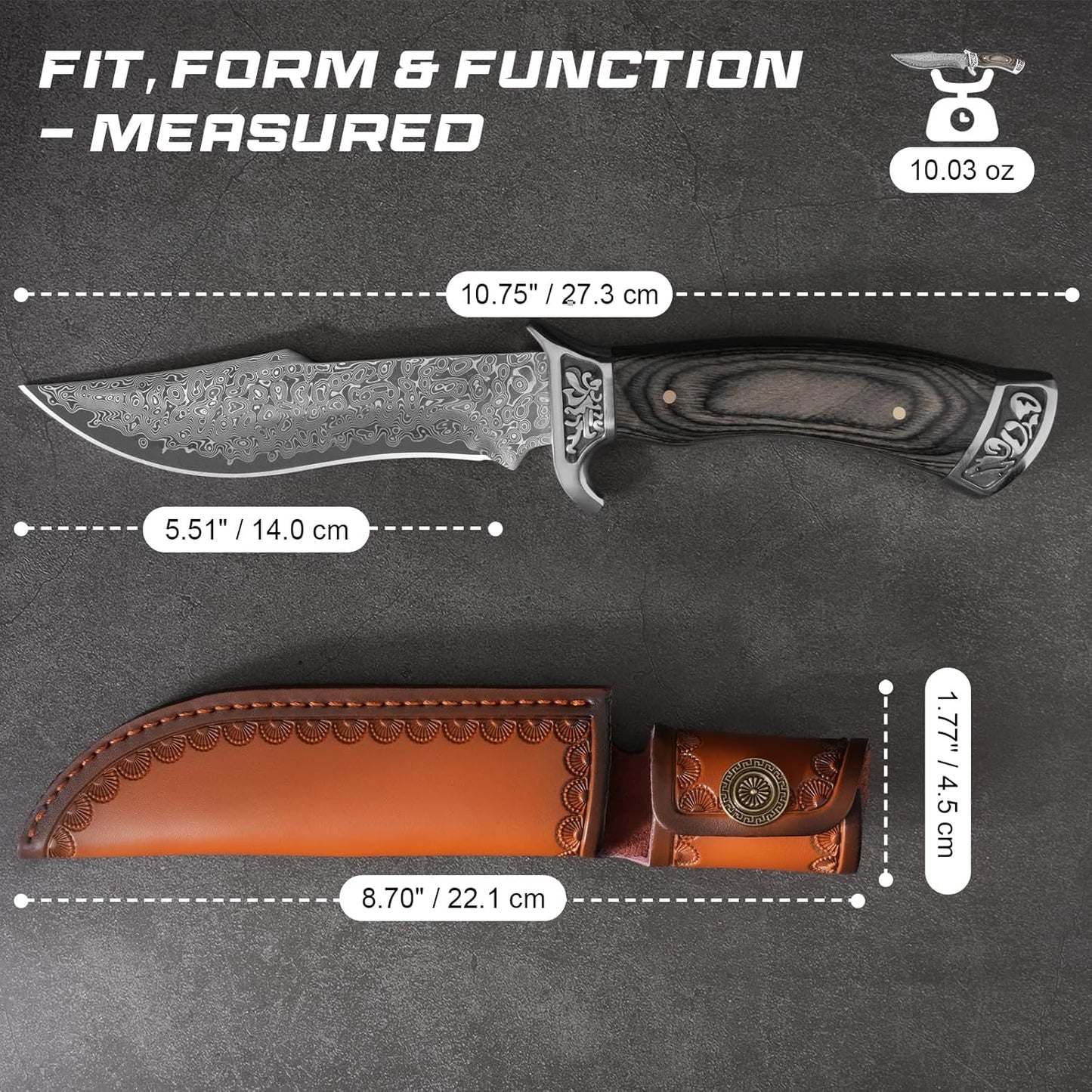 Damascus 10.75" Hunting Knife Dark Walnut Wood Handle