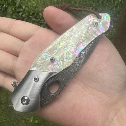 Tan Abalone Handle Engraved Damascus Pocket Knife