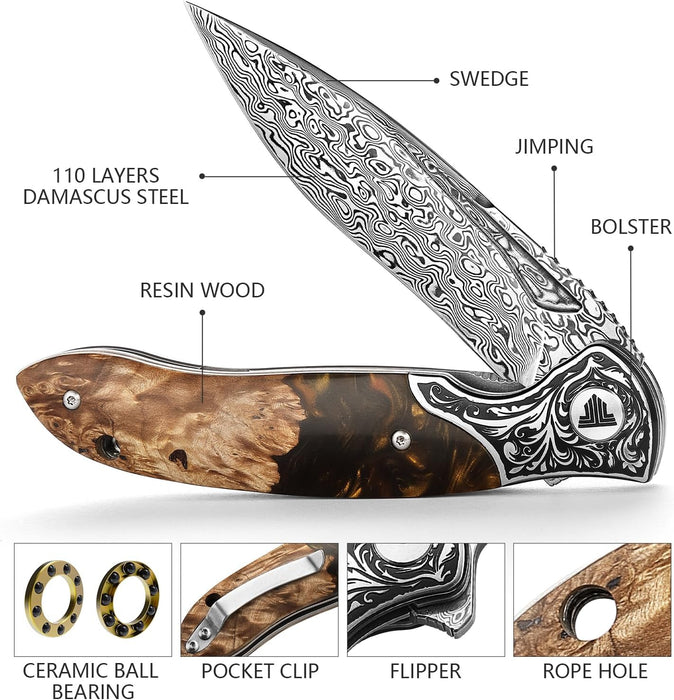 Engraved Damascus Pocket Knife | VG10 Personalized Folding Knife | Resin & Rosewood Handle | Wedding Husband Anniversary Father Gift | NR42