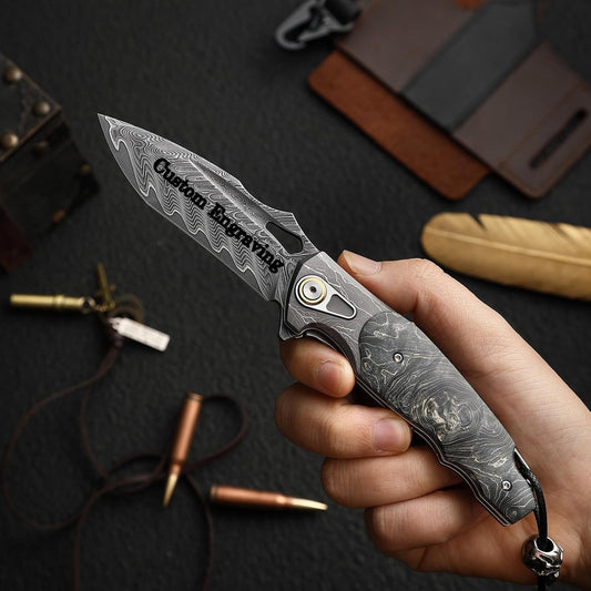 VG10 Damascus Pocket Knife Storm Motif Stabilized Wood Handle