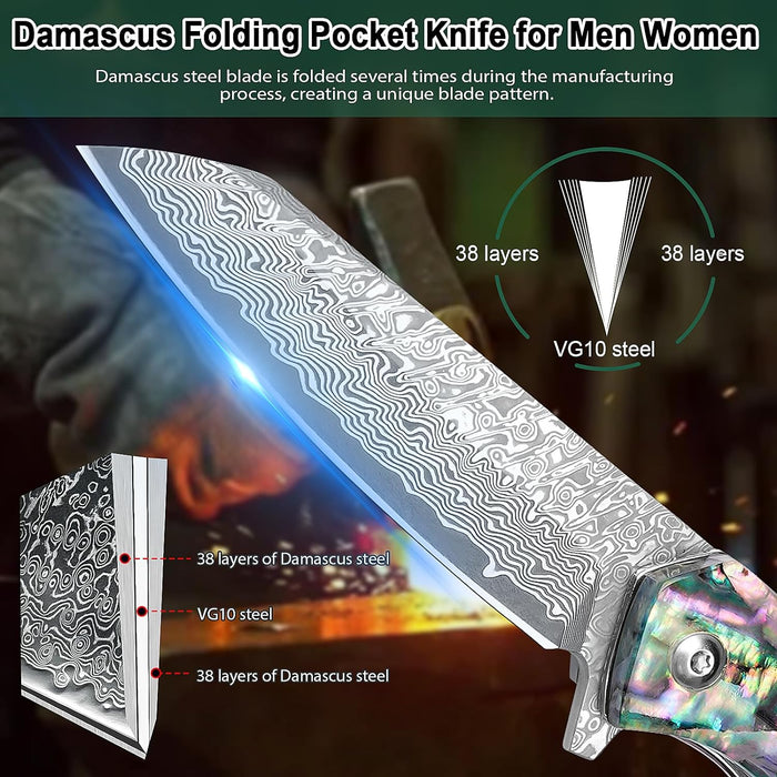 Engraved Damascus Pocket Knife - EDC Folding Knife with Exquisite Abalone Handle - Unique Gift for Him - Husband Boyfriend Dad Gifts NR36