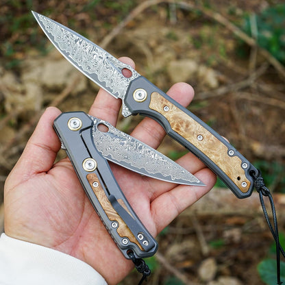 Maple Wood Inlay 3.46" Damascus Pocket Knife