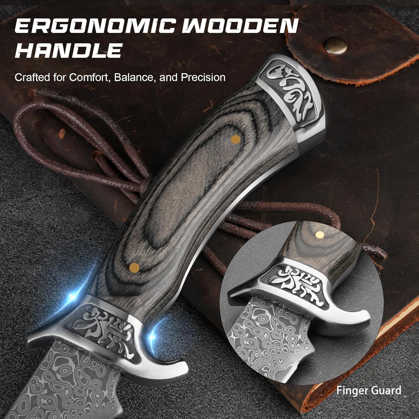 Damascus 10.75" Hunting Knife Dark Walnut Wood Handle
