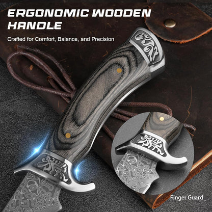 Damascus 10.75" Hunting Knife Dark Walnut Wood Handle