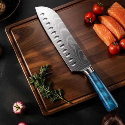 7 Inch Santoku Chef Knife with Blue Resin Handle
