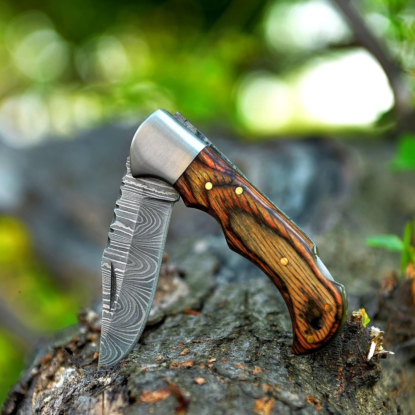 Walnut Wood Handle 6.5" Damascus Folding Knife