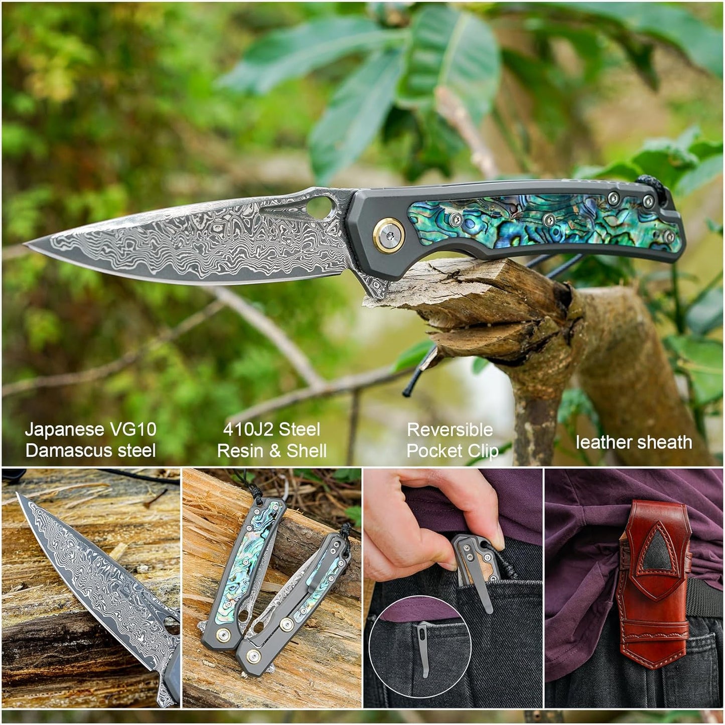 Engraved Damascus Pocket Knife - EDC Folding Knife with Abalone Handle