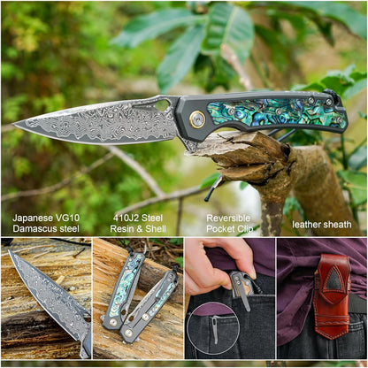 Engraved Damascus Pocket Knife - EDC Folding Knife with Abalone Handle